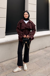 Kemer Detay Kısa Trenç Bordo