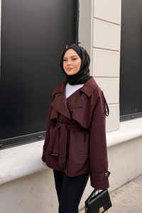 Kemer Detay Kısa Trenç Bordo