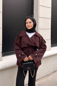 Kemer Detay Kısa Trenç Bordo