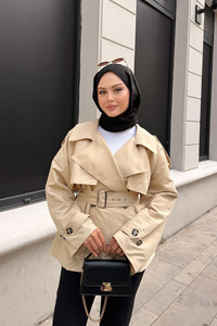 Kemer Detay Kısa Trenç Krem