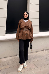 Kemer Detay Kısa Trenç Taba