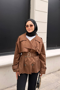 Kemer Detay Kısa Trenç Taba