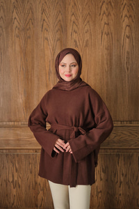 Kemer Detay Peluş Kazak Kahverengi