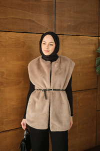 Kemer Detay Peluş Yelek Vizon