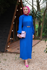 KEMER DETAYLI BEL BAGLAMALI ELBISE SAX MAVI