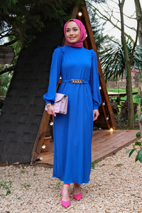 KEMER DETAYLI BEL BAGLAMALI ELBISE SAX MAVI