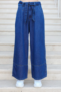 Kemer Detaylı Bol Paça Pantolon Koyu Mavi