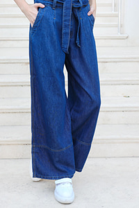 Kemer Detaylı Bol Paça Pantolon Koyu Mavi