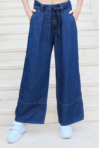 Kemer Detaylı Bol Paça Pantolon Koyu Mavi