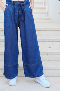 Kemer Detaylı Bol Paça Pantolon Koyu Mavi