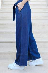 Kemer Detaylı Bol Paça Pantolon Koyu Mavi