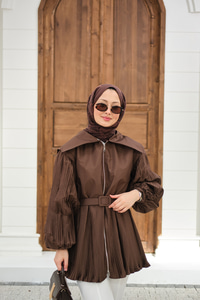 Kemerli Büyük Yaka Fermuarlı Kol Ve Bel Pileli Ceket Kahverengi