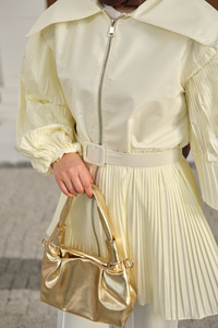 Kemerli Büyük Yaka Fermuarlı Kol Ve Bel Pileli Ceket Sarı