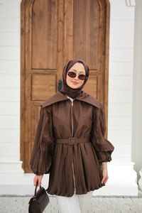 Kemerli Büyük Yaka Fermuarlı Kol Ve Bel Pileli Ceket Kahverengi