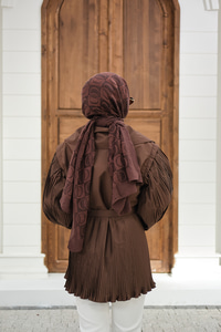 Kemerli Büyük Yaka Fermuarlı Kol Ve Bel Pileli Ceket Kahverengi