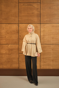 Kemerli Gabardin Ceket Bej