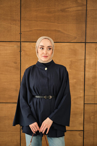 Kemerli Gabardin Ceket Lacivert