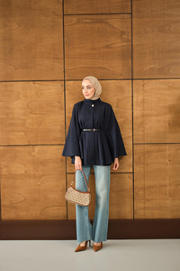 Kemerli Gabardin Ceket Lacivert