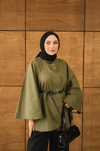 Kemerli Gabardin Ceket Yeşil