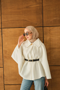 Kemerli Peluş Hırka Beyaz