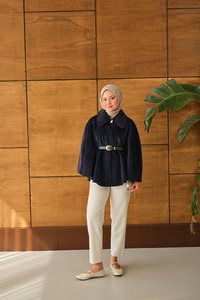 Kemerli Peluş Hırka Lacivert