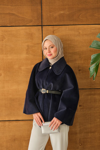 Kemerli Peluş Hırka Lacivert