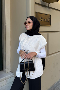 Kemerli Peluş Yelek Krem