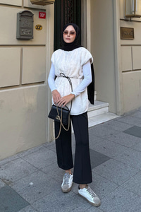 Kemerli Peluş Yelek Krem