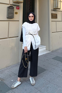 Kemerli Peluş Yelek Krem