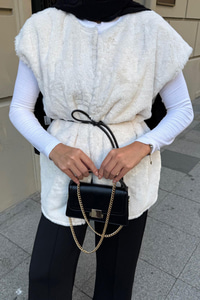 Kemerli Peluş Yelek Krem