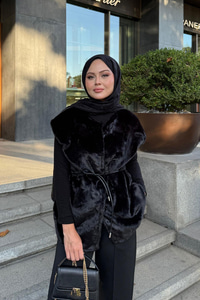 Kemerli Peluş Yelek Siyah