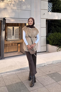 Kemerli Peluş Yelek Vizon