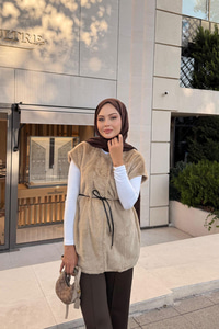 Kemerli Peluş Yelek Vizon