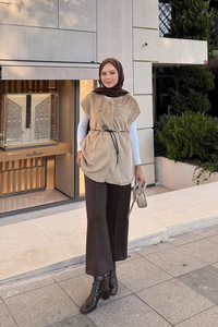 Kemerli Peluş Yelek Vizon