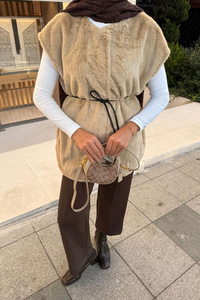 Kemerli Peluş Yelek Vizon