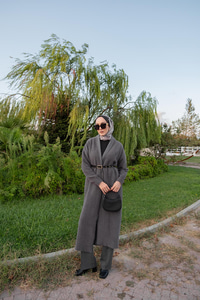 Kemerli Triko Ceket Füme