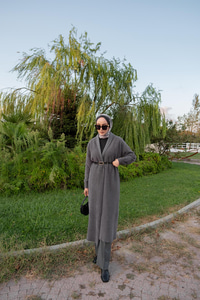 Kemerli Triko Ceket Füme