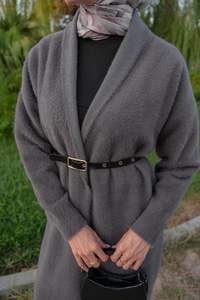 Kemerli Triko Ceket Füme