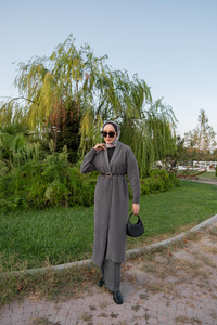 Kemerli Triko Ceket Füme