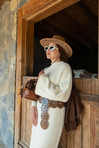 Kemerli Triko Elbise Bej