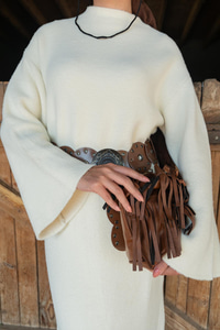 Kemerli Triko Elbise Bej