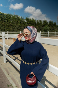 Kemerli Triko Elbise Lacivert