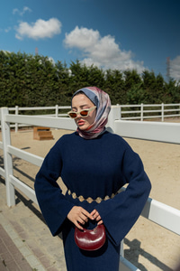 Kemerli Triko Elbise Lacivert