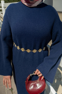 Kemerli Triko Elbise Lacivert