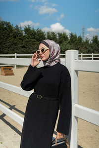 Kemerli Triko Elbise Siyah