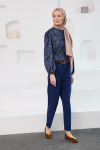 Kemerli Yüksek Bel Kumaş Pantolon Lacivert