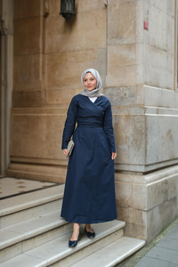 Kendinden Bağlamalı Poplin Elbise Lacivert