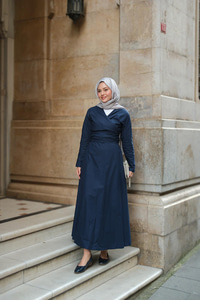 Kendinden Bağlamalı Poplin Elbise Lacivert