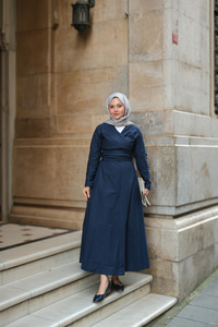 Kendinden Bağlamalı Poplin Elbise Lacivert