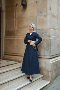 Kendinden Bağlamalı Poplin Elbise Lacivert